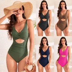 NDL2421--One piece swimsuit solid color cross bag swimsuit pleated high waist swimsuit