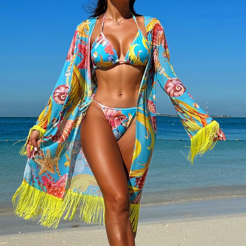 NDL2426--New Three Piece Veil Dress Miami Tassel Swimsuit Bikini