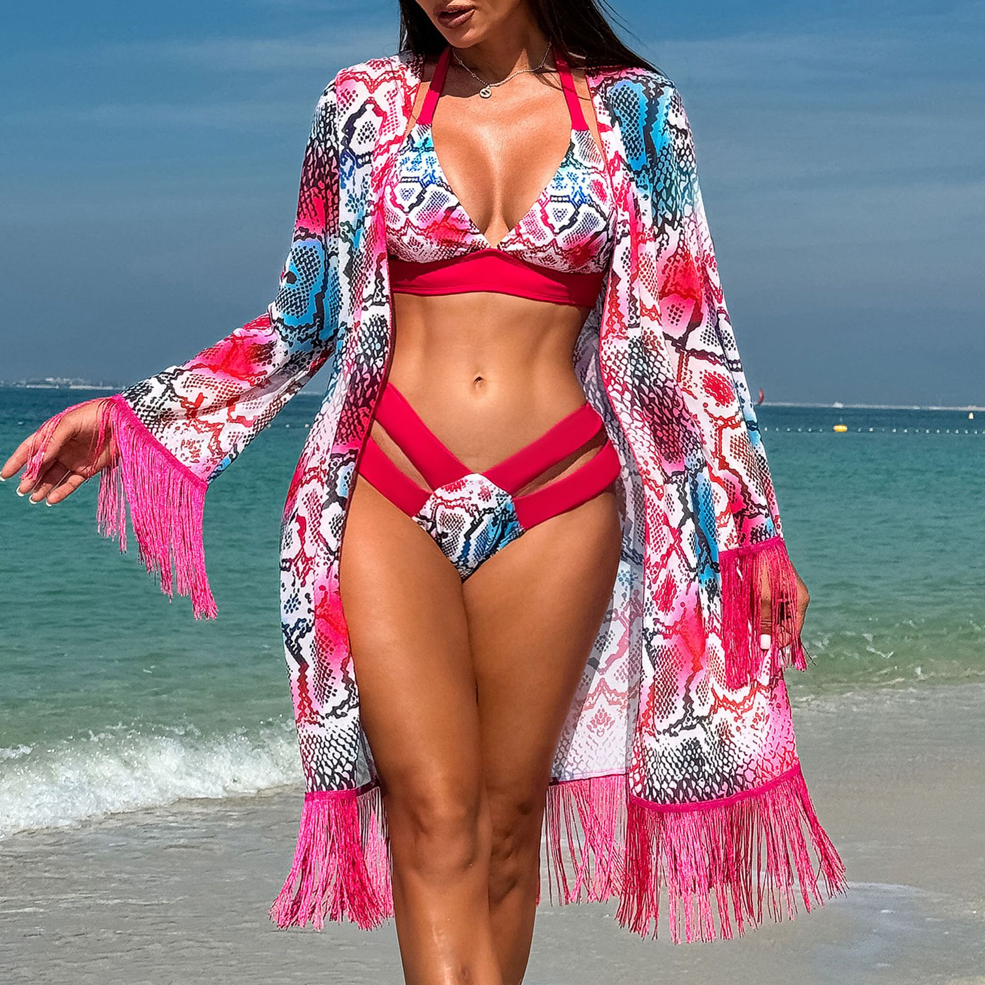 NDL2425--Popular bikini three-piece veil skirt Miami fringed swimsuit