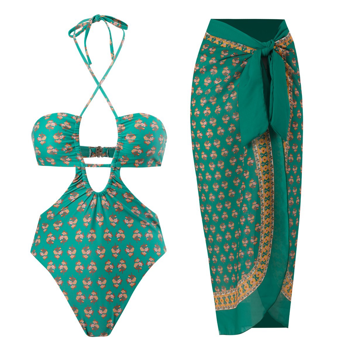 NDL2320--New Printed Swimsuit Pleated Halter One-piece Swimsuit Suit