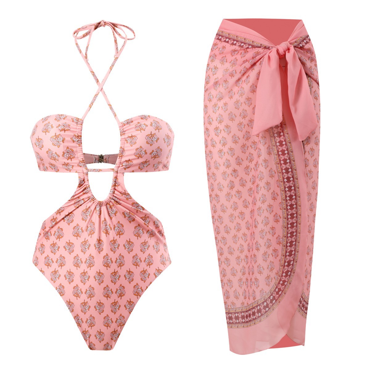 NDL2320--New Printed Swimsuit Pleated Halter One-piece Swimsuit Suit