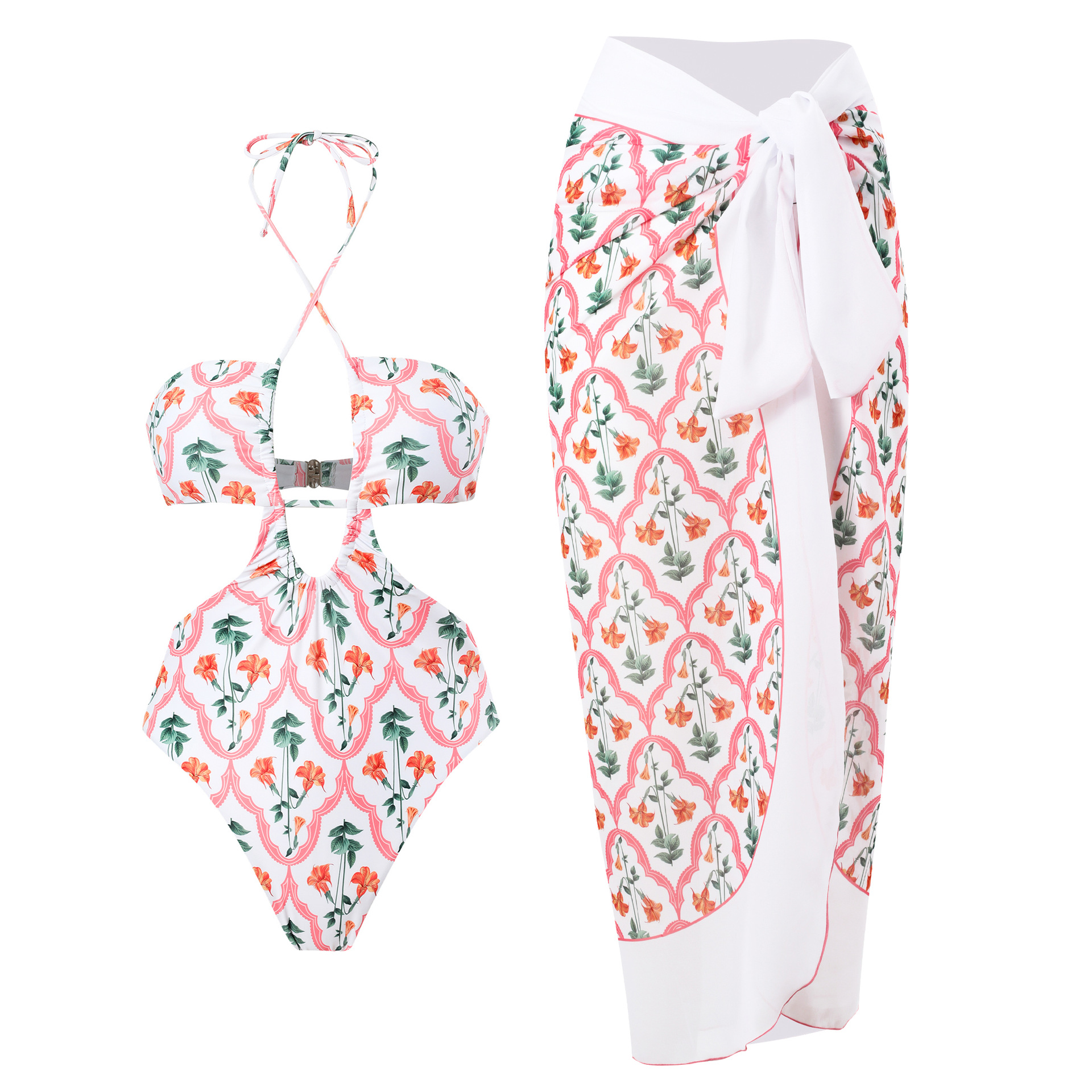 NDL2320--New Printed Swimsuit Pleated Halter One-piece Swimsuit Suit