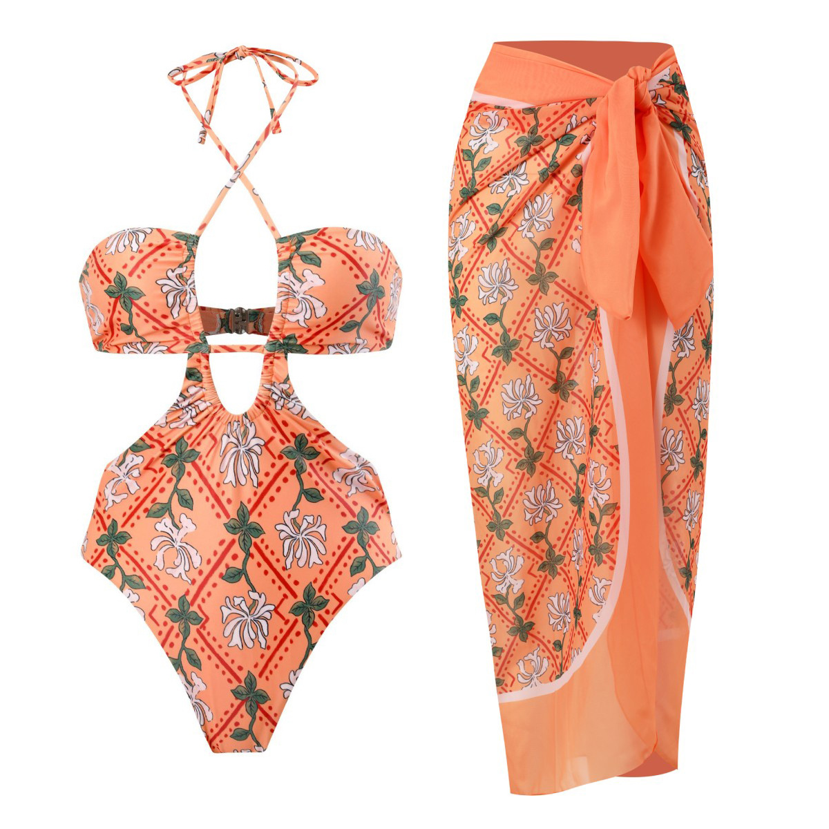 NDL2320--New Printed Swimsuit Pleated Halter One-piece Swimsuit Suit