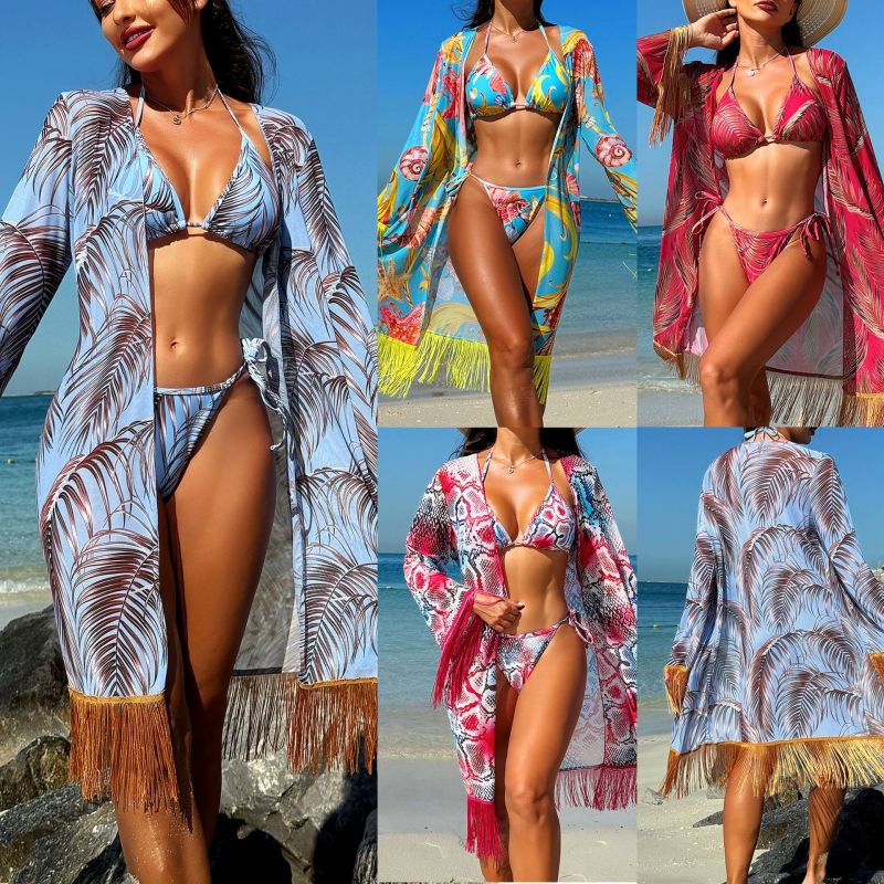 NDL2426--New Three Piece Veil Dress Miami Tassel Swimsuit Bikini