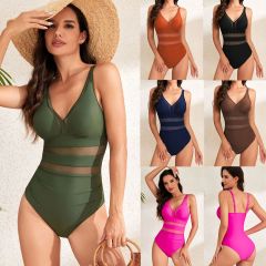 NDL2418--Popular mesh one-piece swimsuit Mesh hollow solid color swimsuit