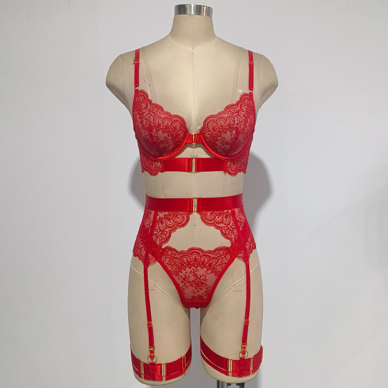 Z3854L--New sexy set, see-through embroidered sexy eyelashes lace four-piece shapewear set