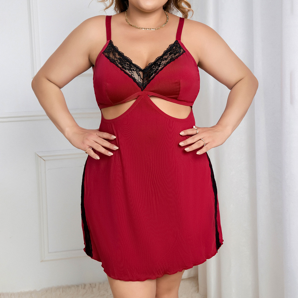 DD94--Large size lace suspender nightgown new burgundy bra set