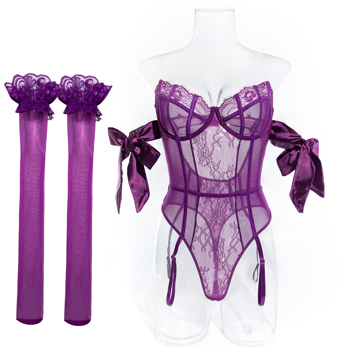 D3361--Sexy body-shaping jumpsuit with bow, silk straps, sexy lingerie and stockings set