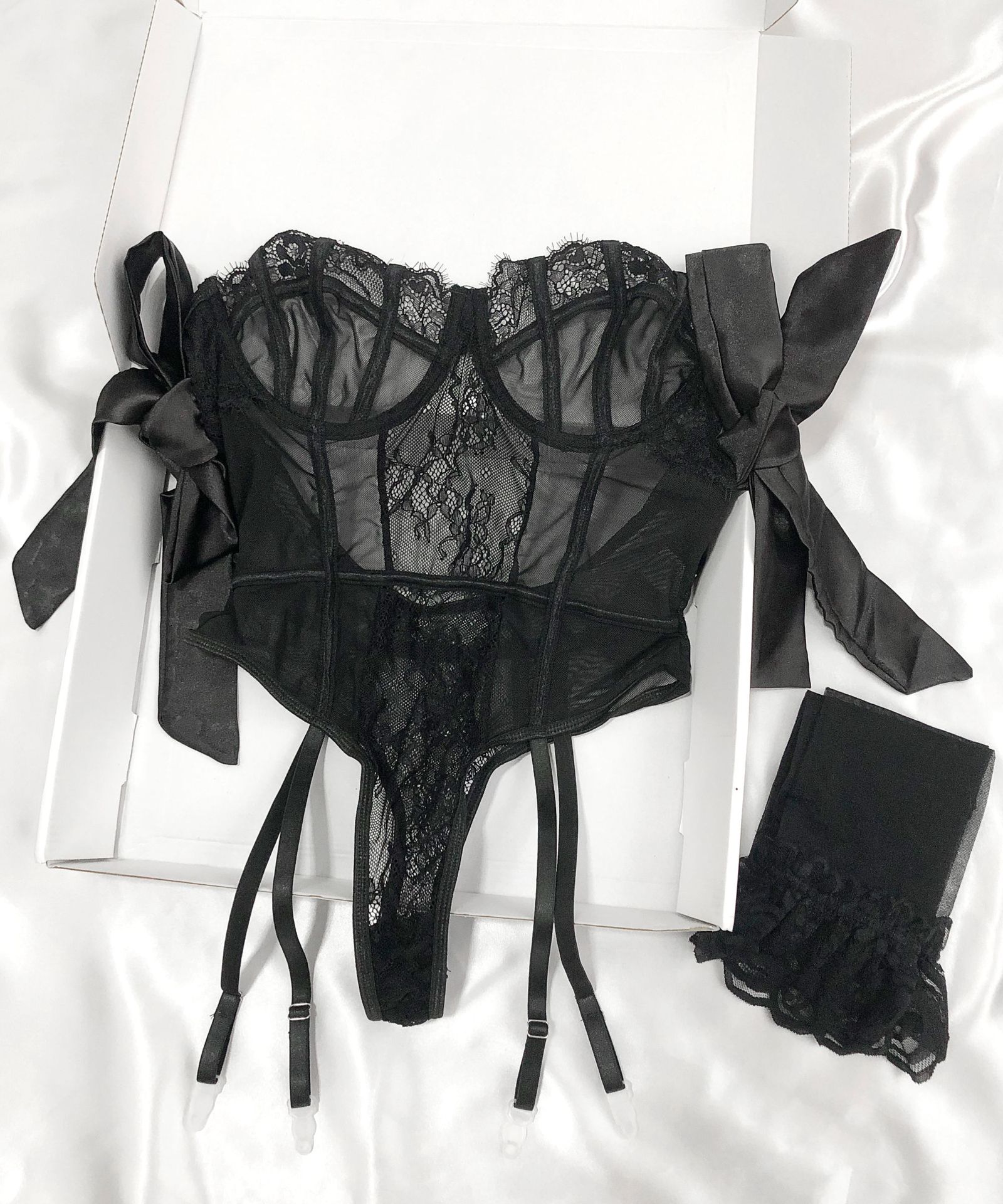 D3361--Sexy body-shaping jumpsuit with bow, silk straps, sexy lingerie and stockings set