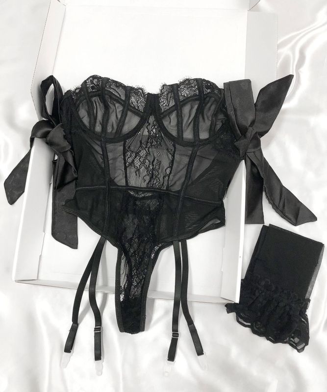 D3361--Sexy body-shaping jumpsuit with bow, silk straps, sexy lingerie and stockings set