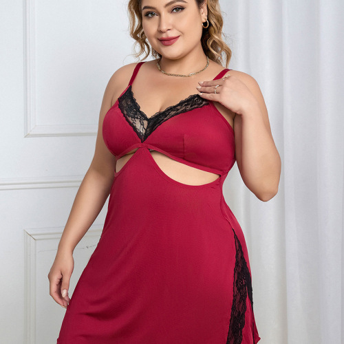 DD94--Large size lace suspender nightgown new burgundy bra set