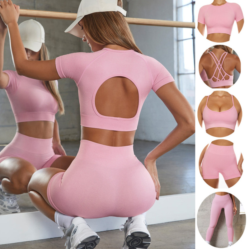 G9525--Seamless Yoga Wear Women's Sports Fitness Short Sleeve High Waist Hip Lifting Pants Suit 5-piece Set
