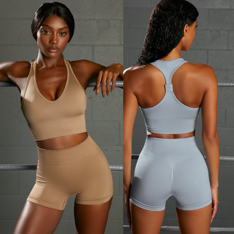 G9197-1--New seamless yoga clothing set high waist shorts V-shaped vest two-piece set