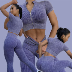 G9233--New sand-washed seamless yoga wear zippered quick-drying short-sleeved trousers suit