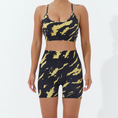 A23B295+A23S296--Camouflage print seamless yoga suit suspenders, shorts suit