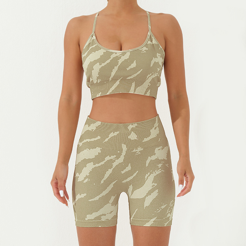 A23B295+A23S296--Camouflage print seamless yoga suit suspenders, shorts suit