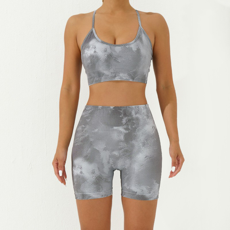 A23B295+A23S296--Camouflage print seamless yoga suit suspenders, shorts suit