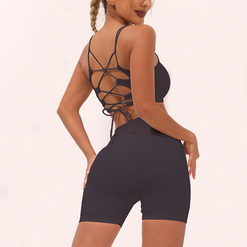 A23B242+A23S244--Ribbed Sports Bra Strappy Bra High Waist Butt Lifting Shorts Yoga Wear
