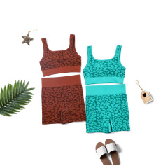 ST011Y+ST011K--Sexy Leopard Print Wide Strap Sports Yoga Vest Patterned Yoga Shorts Set