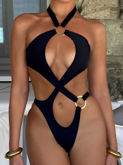 4061--Bikini swimsuit sexy solid color hollow one-piece swimsuit