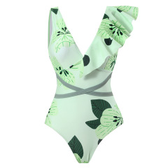 3003--One-piece Beach Swimming Belted Ruffle Swimsuit