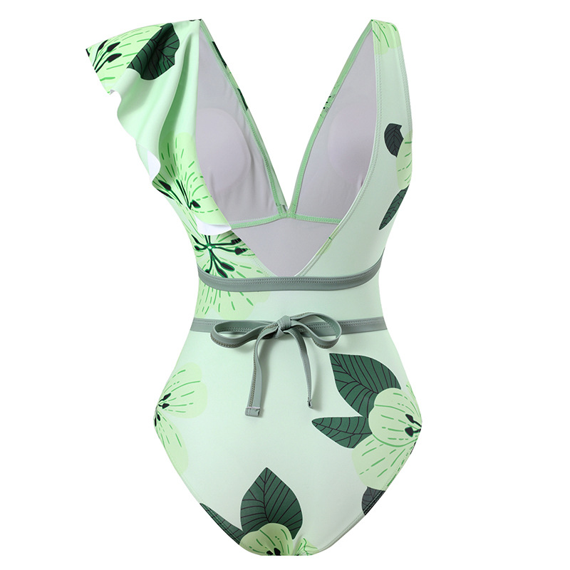 3003--One-piece Beach Swimming Belted Ruffle Swimsuit