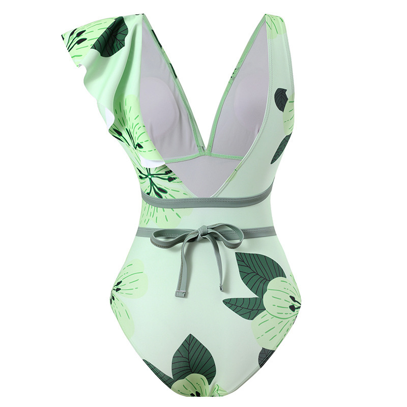 3003--One-piece Beach Swimming Belted Ruffle Swimsuit