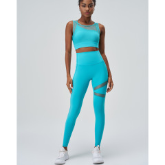 A-120+B-220---Plus size yoga clothing set women's mesh splicing sports bra with chest pad fake two-piece mesh yoga clothing