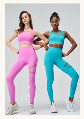 A-120+B-220---Plus size yoga clothing set women's mesh splicing sports bra with chest pad fake two-piece mesh yoga clothing