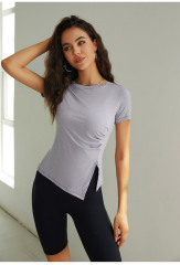 30007--Plus size yoga wear quick-drying thin right shoulder T-shirt slit short-sleeved top running sports fitness wear