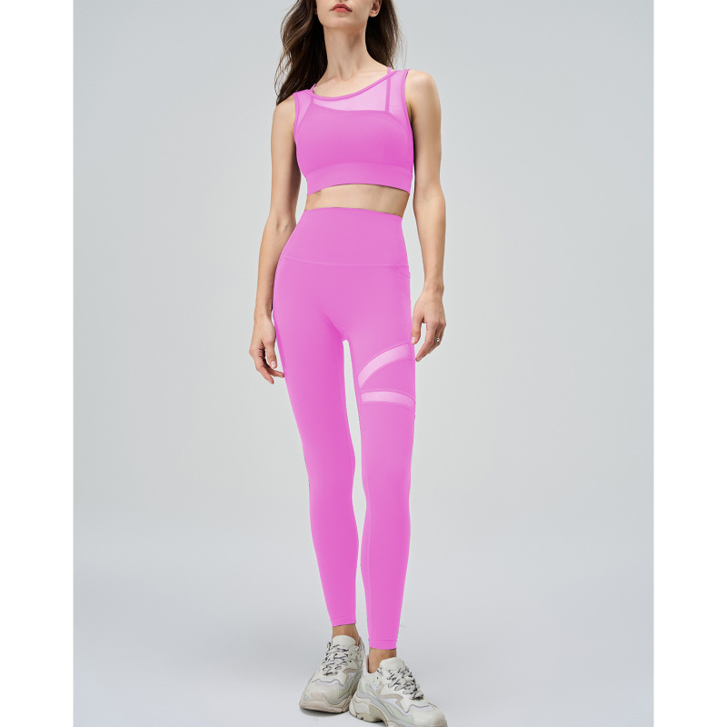 A-120+B-220---Plus size yoga clothing set women's mesh splicing sports bra with chest pad fake two-piece mesh yoga clothing