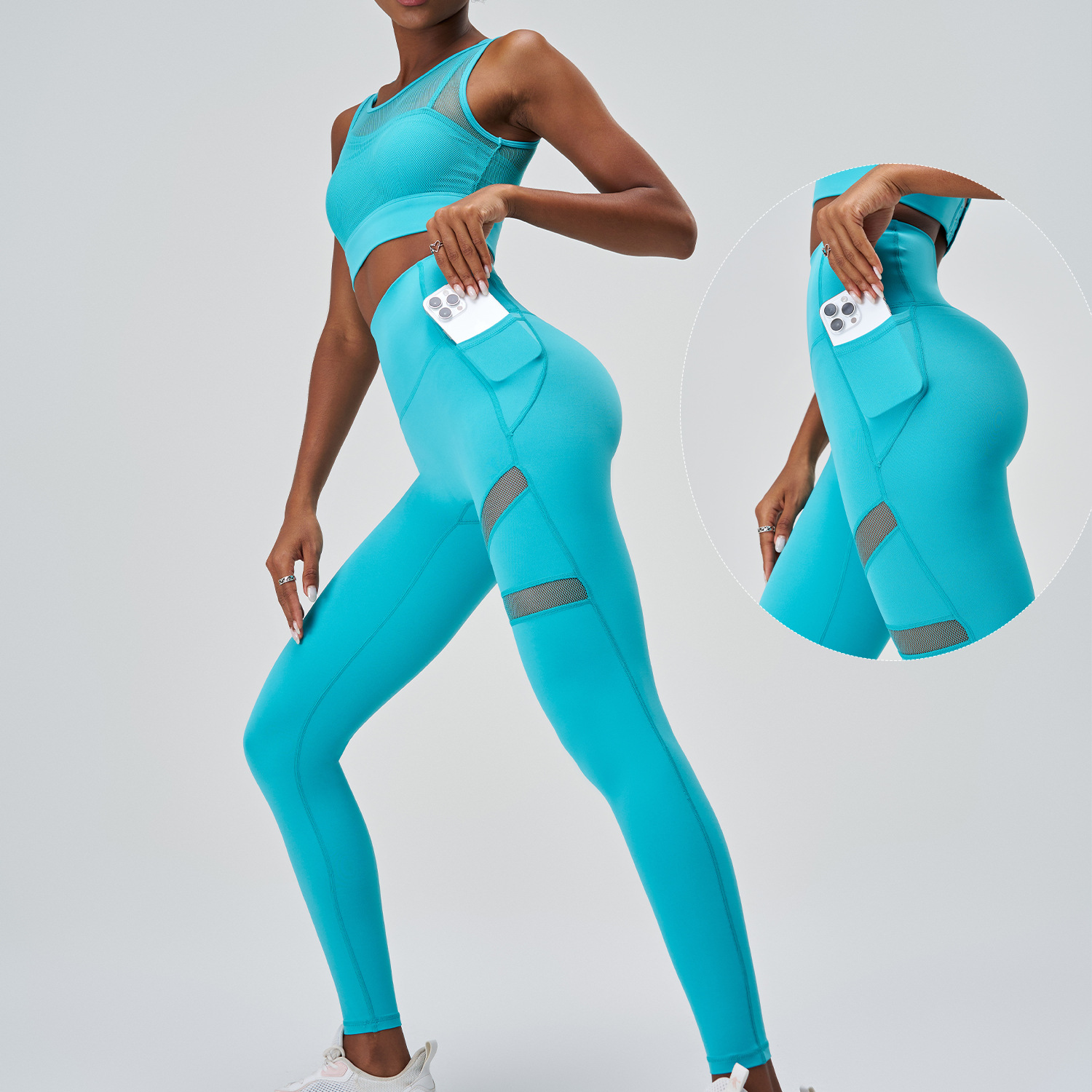 A-120+B-220---Plus size yoga clothing set women's mesh splicing sports bra with chest pad fake two-piece mesh yoga clothing