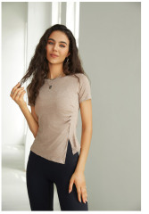 30007--Plus size yoga wear quick-drying thin right shoulder T-shirt slit short-sleeved top running sports fitness wear