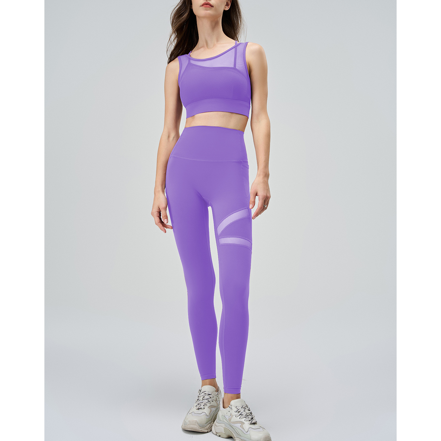 A-120+B-220---Plus size yoga clothing set women's mesh splicing sports bra with chest pad fake two-piece mesh yoga clothing