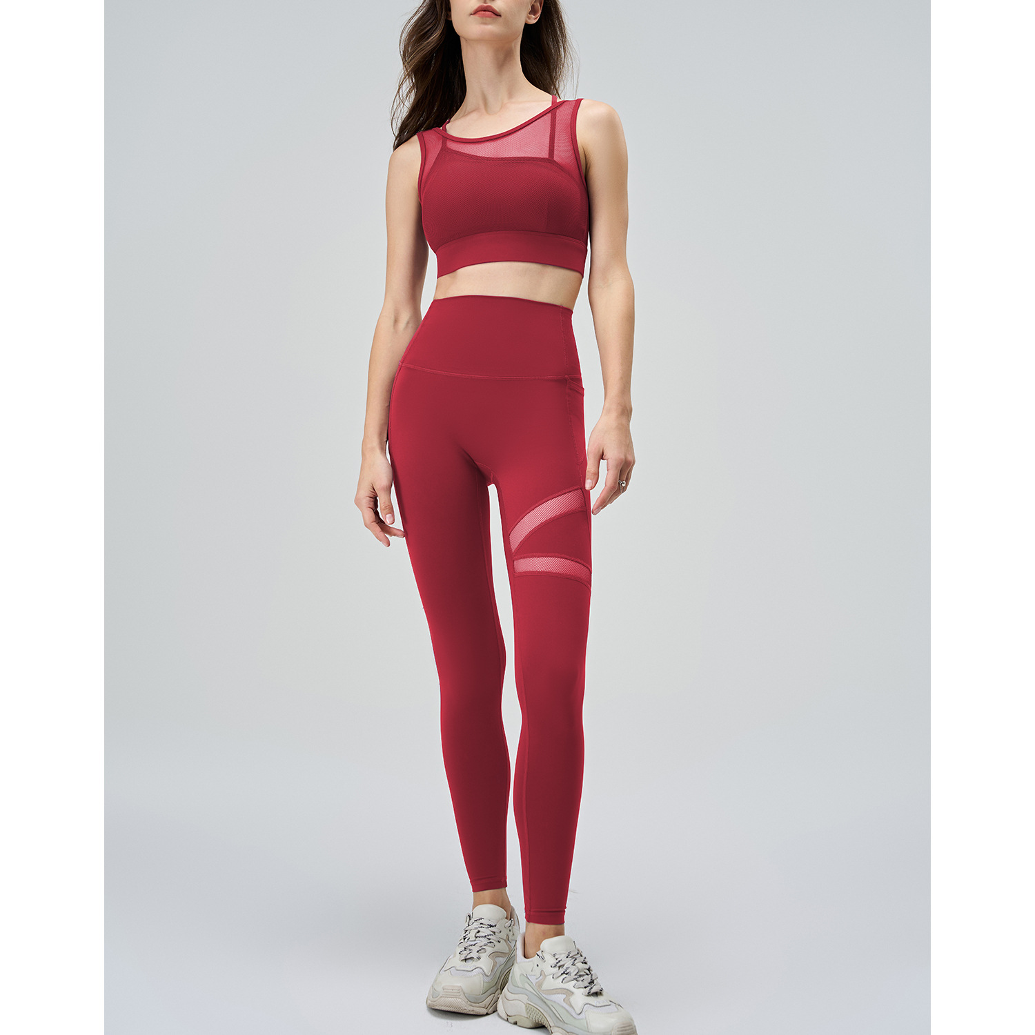 A-120+B-220---Plus size yoga clothing set women's mesh splicing sports bra with chest pad fake two-piece mesh yoga clothing