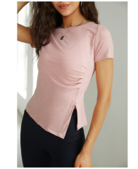 30007--Plus size yoga wear quick-drying thin right shoulder T-shirt slit short-sleeved top running sports fitness wear