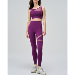 A-120+B-220---Plus size yoga clothing set women's mesh splicing sports bra with chest pad fake two-piece mesh yoga clothing