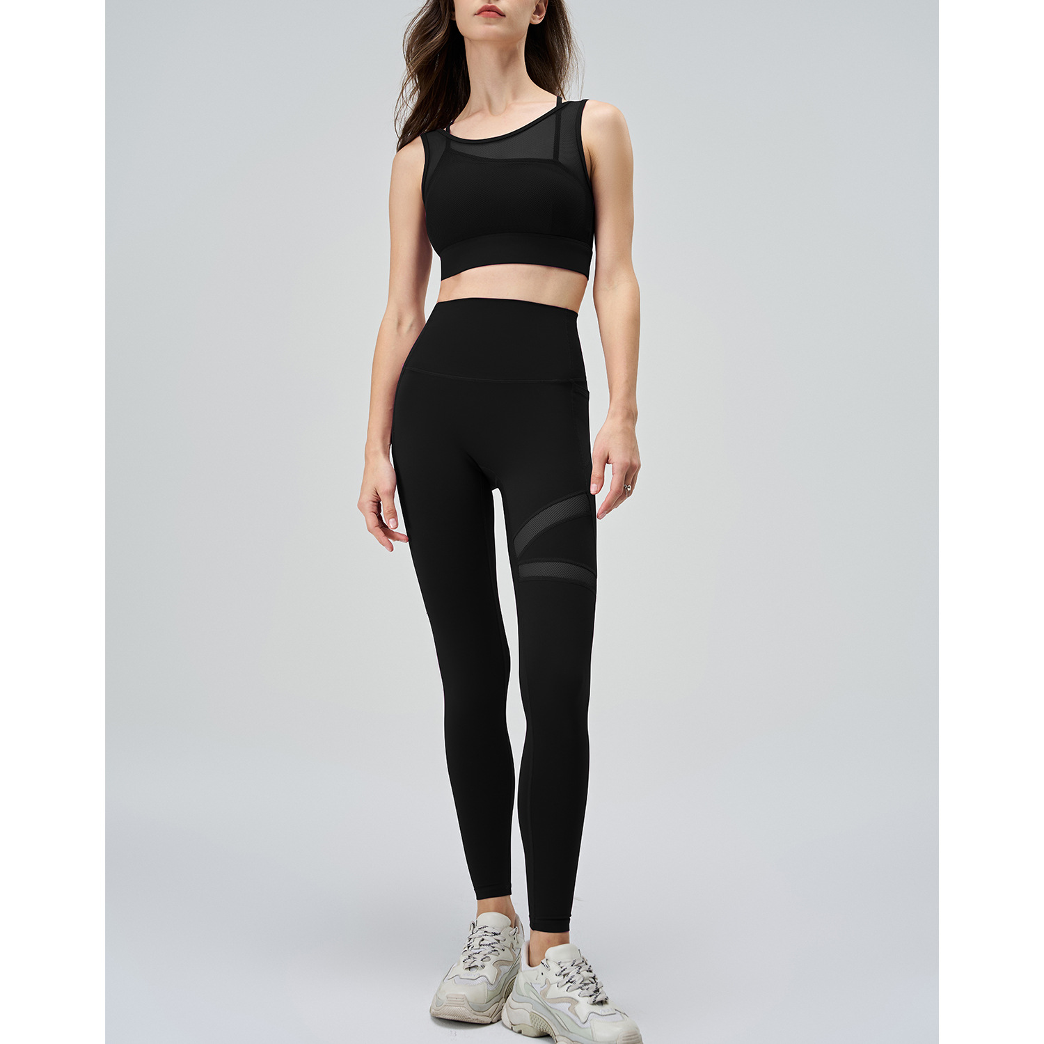 A-120+B-220---Plus size yoga clothing set women's mesh splicing sports bra with chest pad fake two-piece mesh yoga clothing