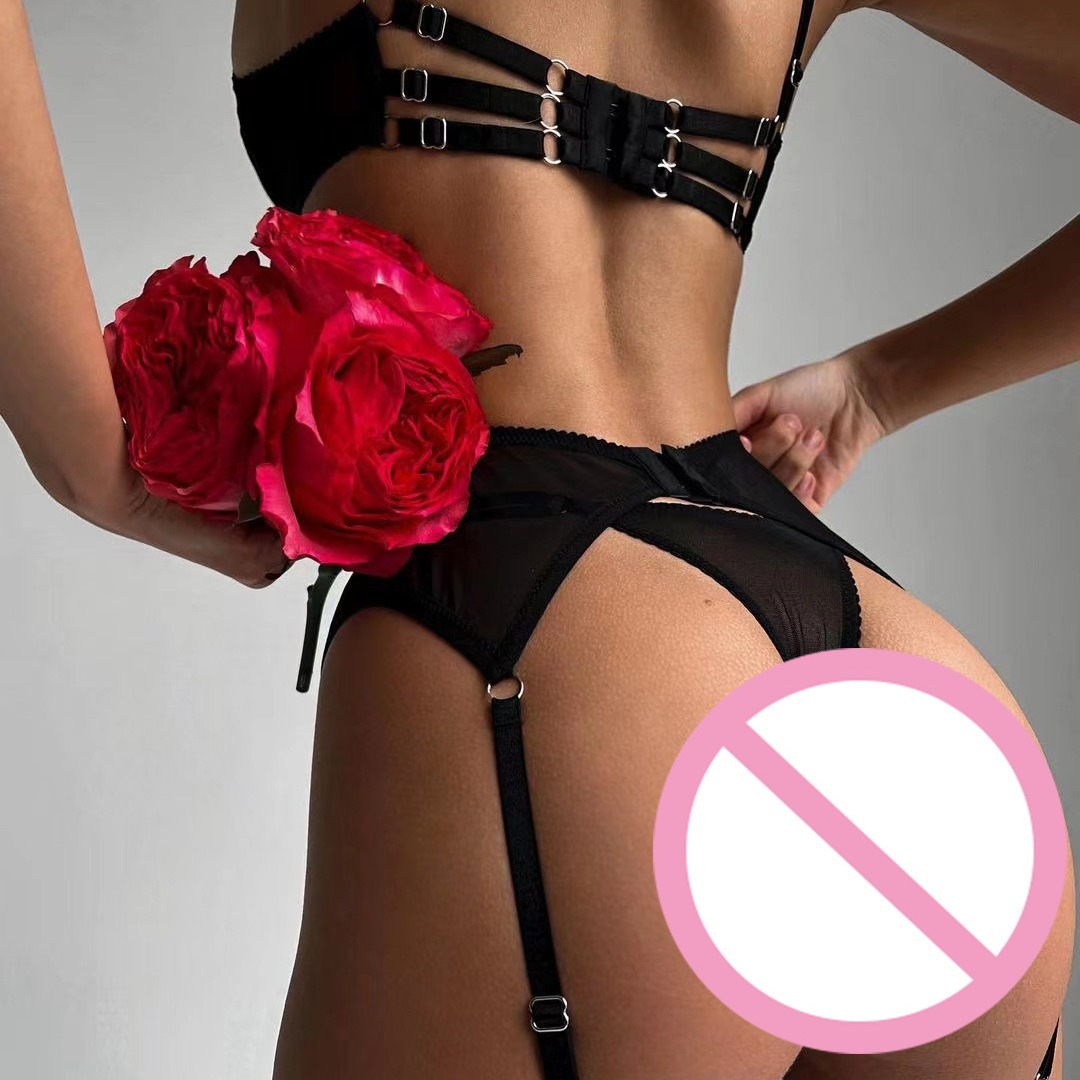 LS1602--Sexy lingerie garter stockings embroidered mesh body shaping split set