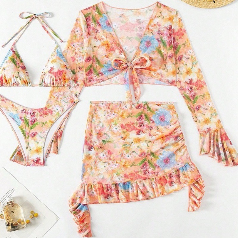 BK69--New four-piece swimsuit digitally printed floral skirt fashionable swimsuit