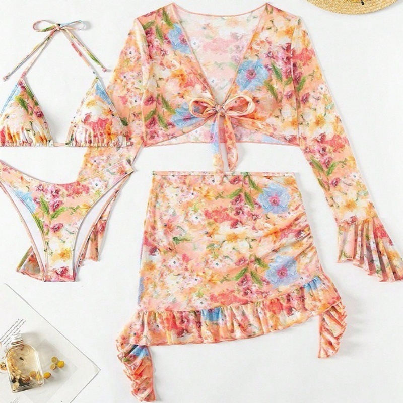 BK69--New four-piece swimsuit digitally printed floral skirt fashionable swimsuit