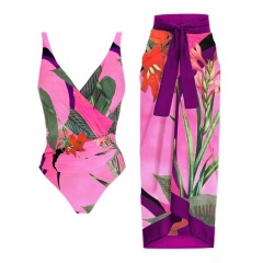 3015--New two-piece swimsuit cross-over belly-covering printed backpack-butt-revealing long skirt