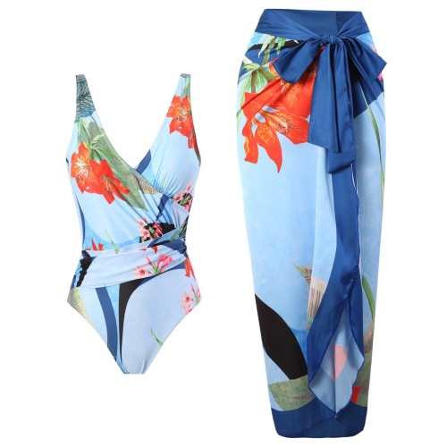 3015--New two-piece swimsuit cross-over belly-covering printed backpack-butt-revealing long skirt