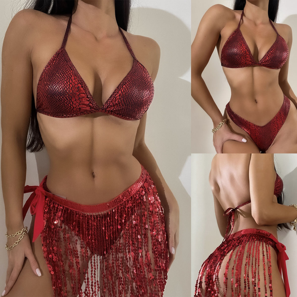 DY22A250YYB111000--Bikini tankini swimsuit fringed sequin swimsuit three-piece set
