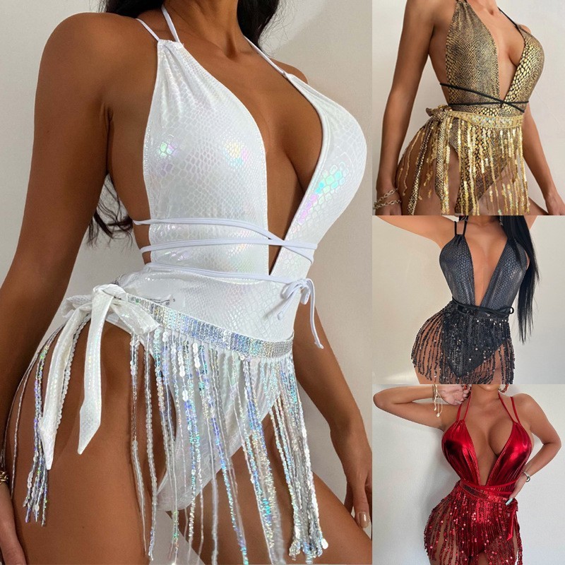 DY22A150YYB091513--Sexy deep V swimsuit ins style tassel performance suit one-piece swimsuit