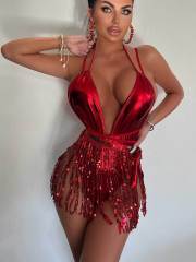 DY22A150YYB091513--Sexy deep V swimsuit ins style tassel performance suit one-piece swimsuit