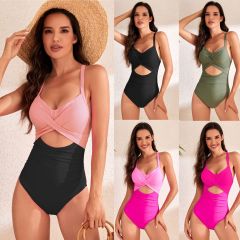 NDL2419--Popular One-piece Hard Pack Swimsuit Hollow Solid Color Swimsuit