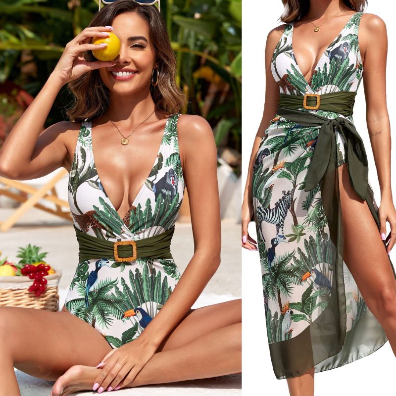 NDL2409--New printed one-piece swimsuit gauze skirt two-piece set