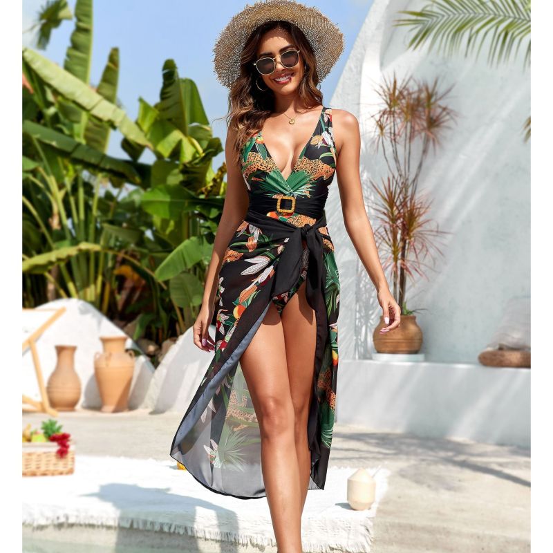 NDL2409--New printed one-piece swimsuit gauze skirt two-piece set