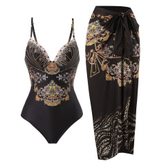 NDL2324--New bohemian printed one-piece swimsuit gauze skirt two-piece set